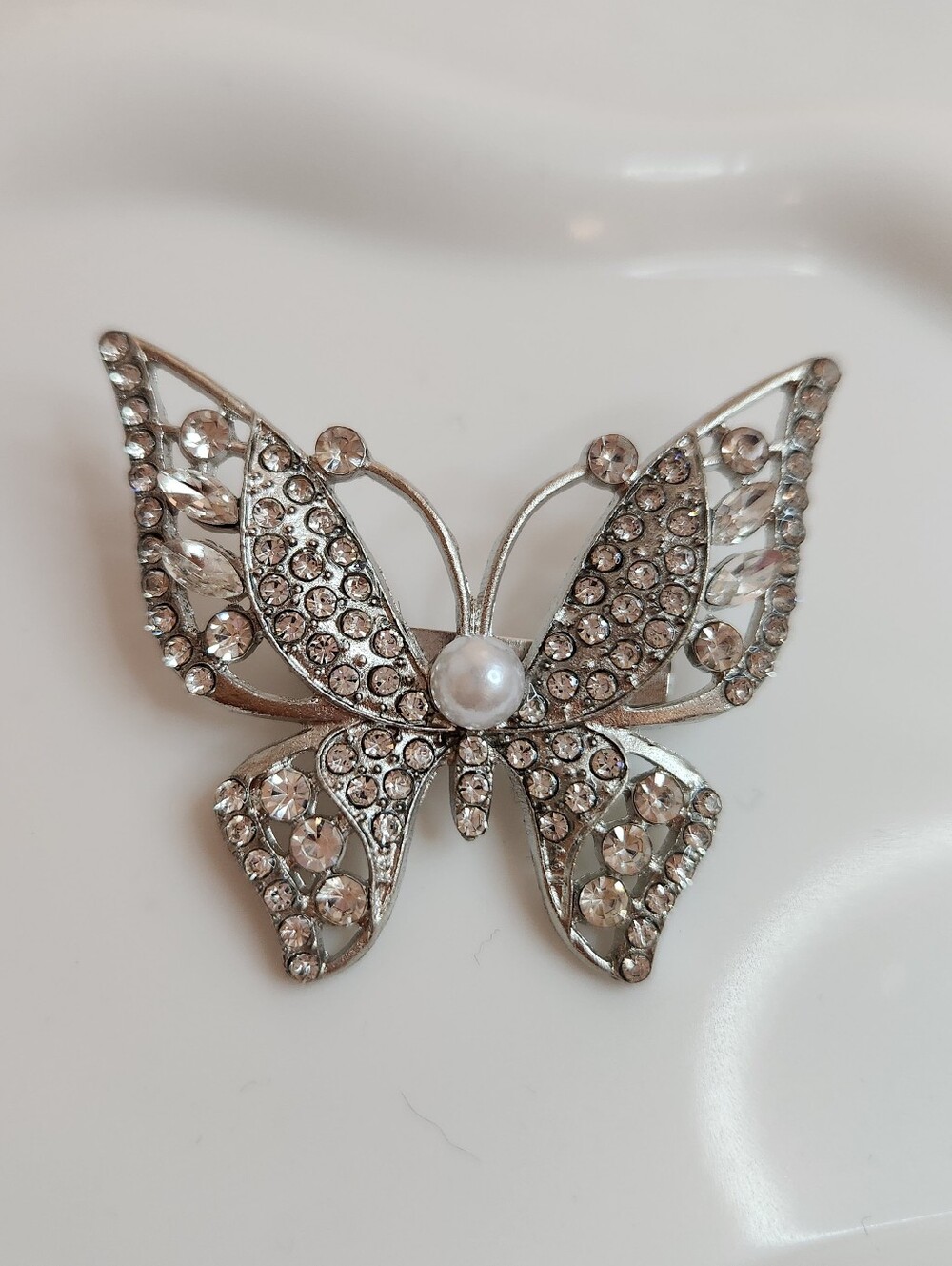 Silver Butterfly Crystal Brooch with Pearl Center